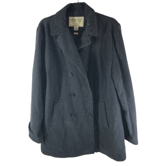 Eddie Bauer Womens Double-Breasted Charcoal Gray Wool Blend Peacoat L Tall - Picture 1 of 5